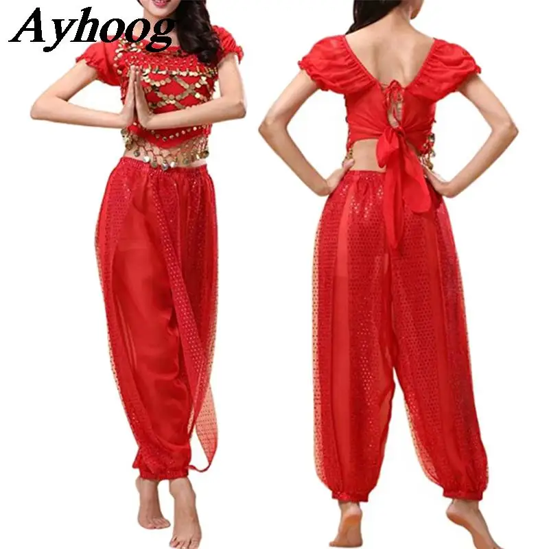 Women Belly Dance Outfit Suit Harem Pants with Lace-up Back Top Bollywood Indian Arabian Dancing Clothes Adult BellyDance Wear