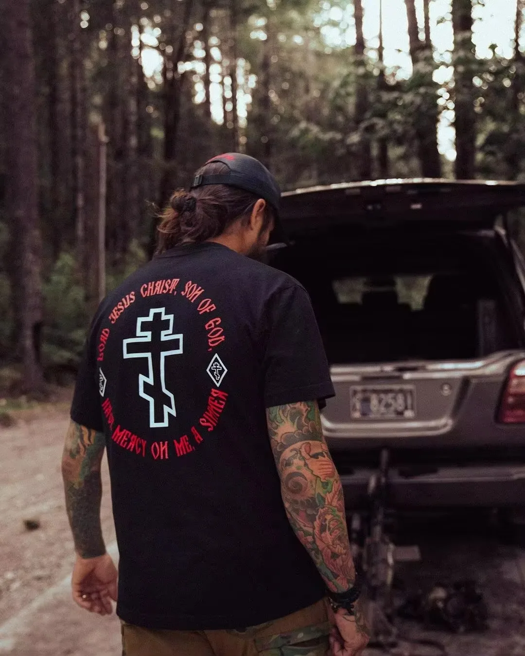 2026 Men Orthodox Cross Religious Text Back Print T Shirt Faith Graphic Short Sleeve Black Cotton Oversized Tee