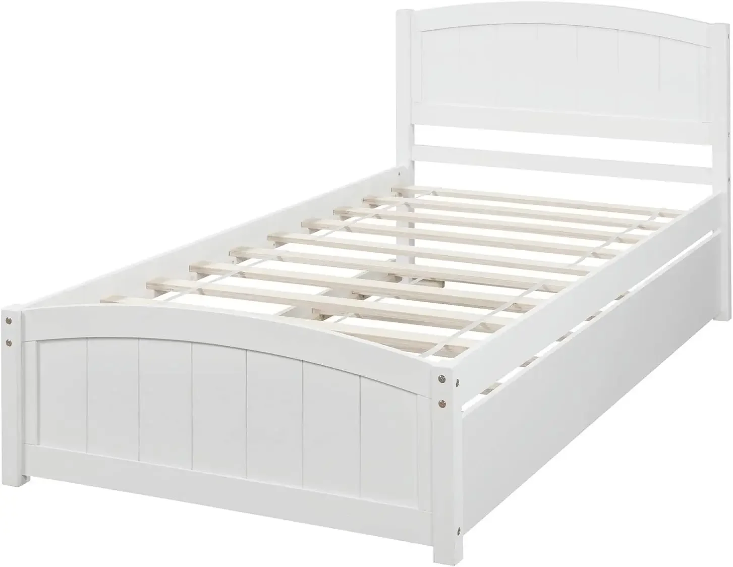 Platform Bed Frame with Trundle for 2 Kids, High Headboard, No Box Spring Need(White)