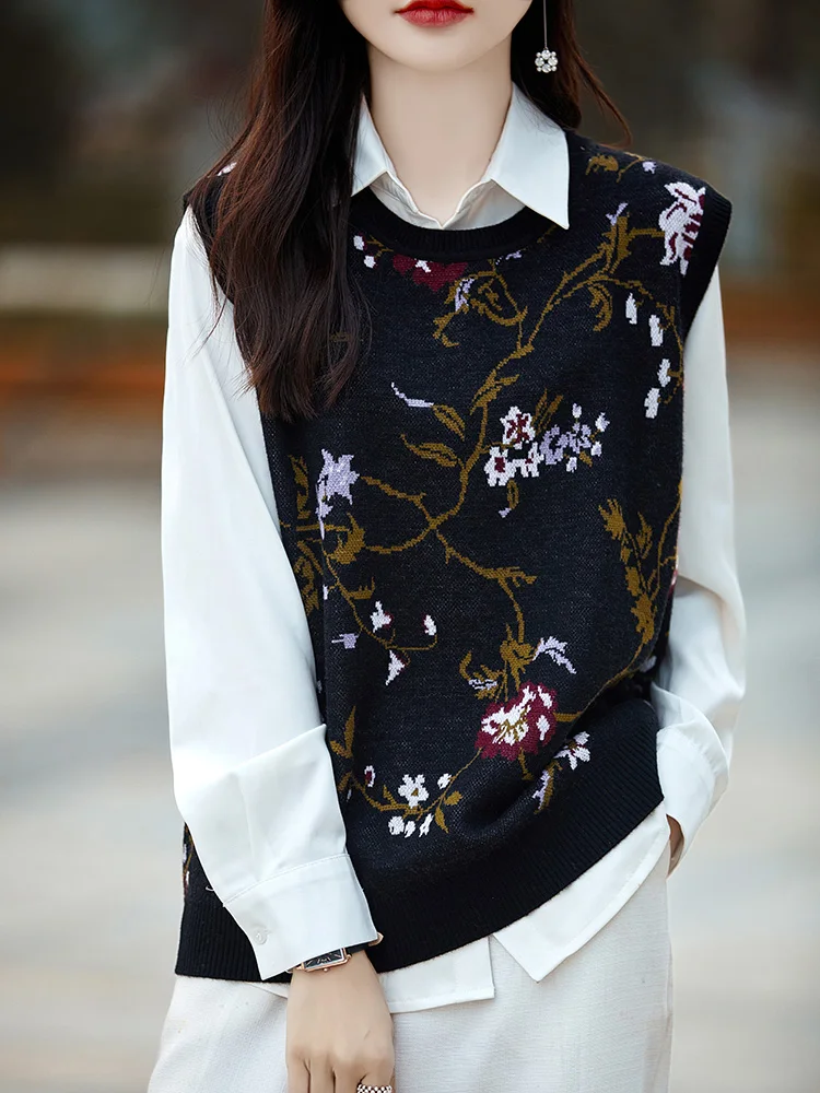 

2025 Autumn New round Ne Svel Knitted Floral Vest Women Slimming Base irt Commute Sle Regular Thin Other 00%