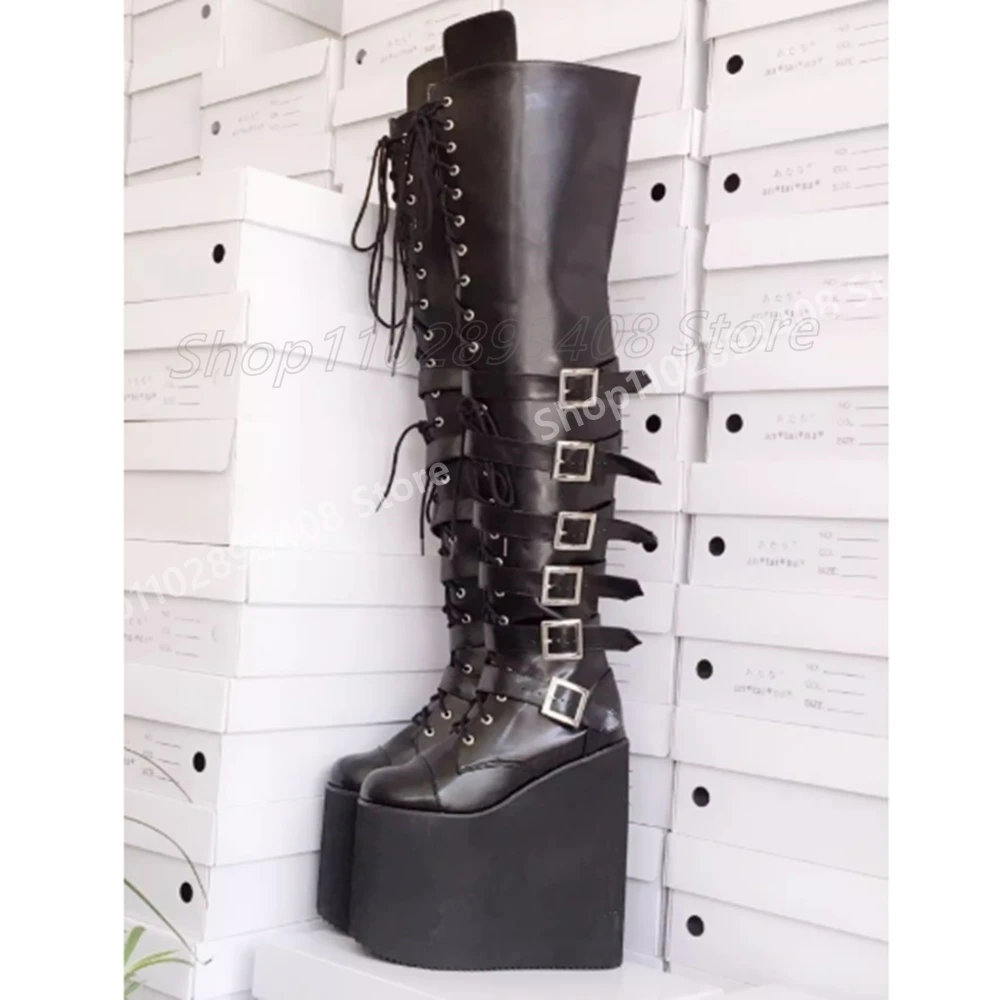

Black Belts Strap Cross Tied Long Boots Wedges High Heel Extreme Platform Matte Fashion Sexy 2025 Women Shoes Summer Para Mujere