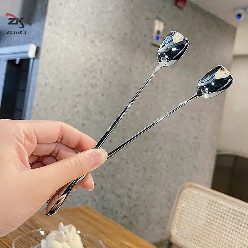 20CM Stainless Steel Long Handle Stir Spoon Creative Ice Cream Dessert Scoop Korean Cocktail Coffee Tea Mixing Spoon Flatware