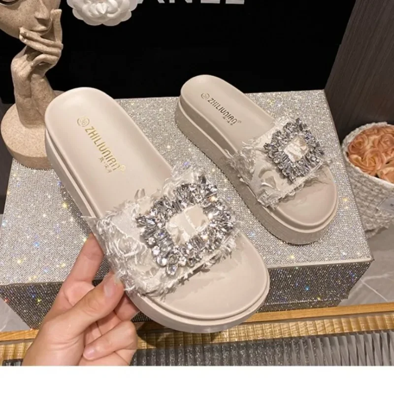 2024 Womens Summer New Style Shiny Rhinestone Designer Simple Solid Color Sandals Women Sexy Open Toe Party Dress Women Slippers