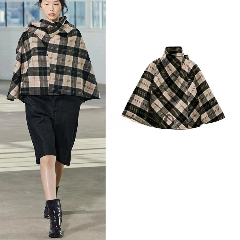 Spring New Asymmetric Hem Plaid High Collar Cowl Ne Coat Women's Loose Fit ort Outerwear Commute Sle Long Sve Polyester