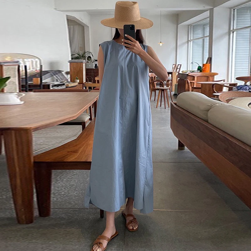 레트로 여름 민소매 라운드 넥 느슨한 여성 드레스 세련된 순수 컬러 백리스 조끼 드레스 한국 스타일 캐주얼 롱 드레스