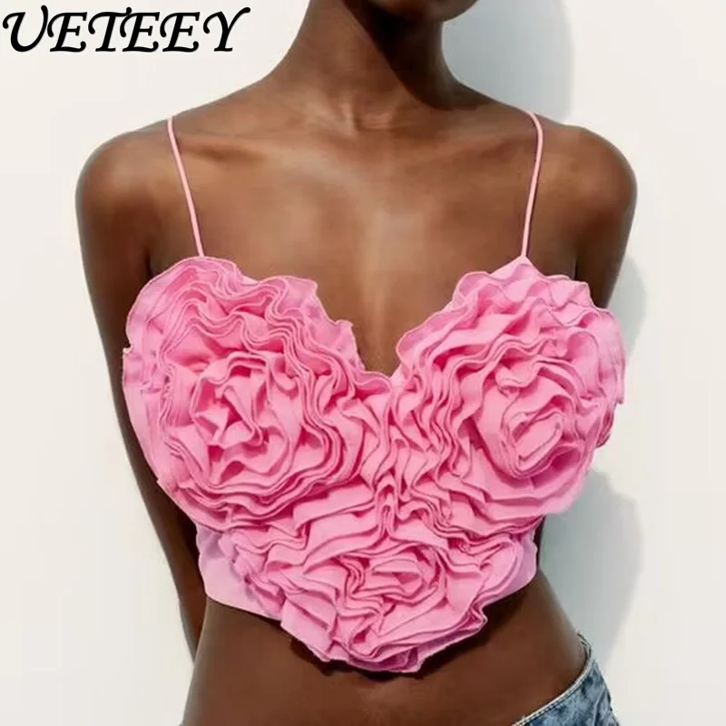 

European and American Fashion Sexy Crop Top Summer New Heart-Shaped Flowers Slim Fit Slimming Spaghetti Straps Short Vest