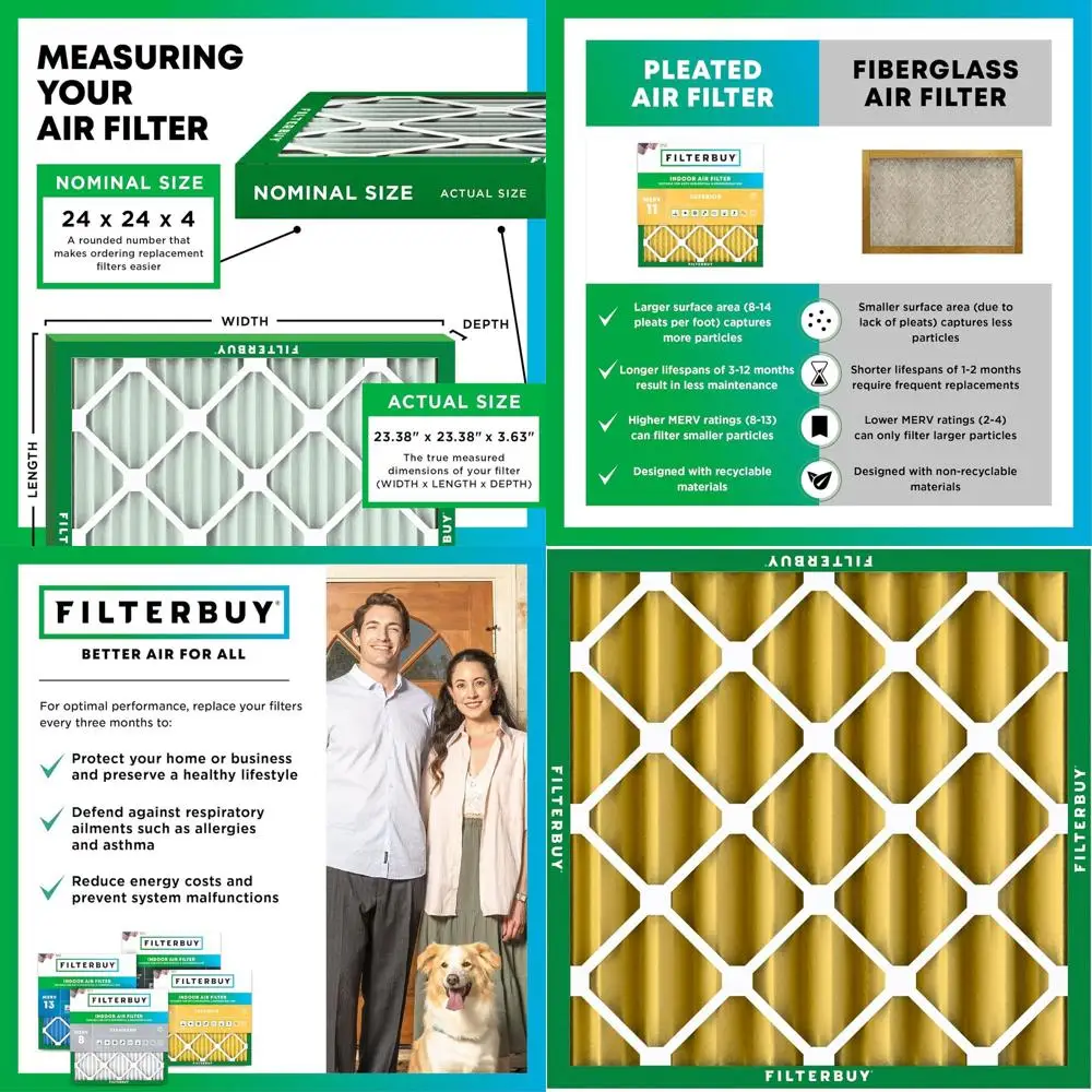 

24x24x4 MERV 11 Air Filter for Pets and Allergies - Pleated HVAC Replacement (Actual: 23.38x23.38x3.63)