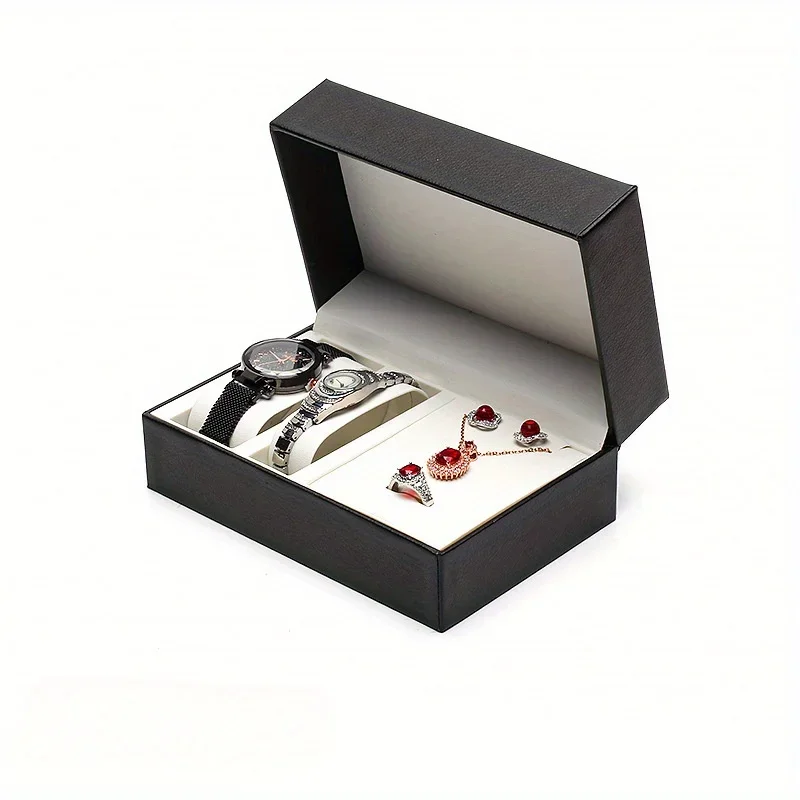 1pc 2 Slots Flip PU Leather Watch Packaging Box, Necklace Pendant Bracelet Jewelry Watch Set Box