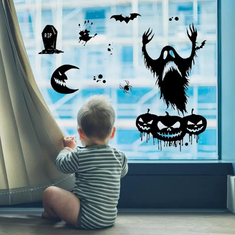 Pegatinas de ventana de Halloween, esqueleto estático, fantasmas, bruja, calabaza, silueta, divertidas y terroríficas, temáticas de Halloween para decoración de fiesta