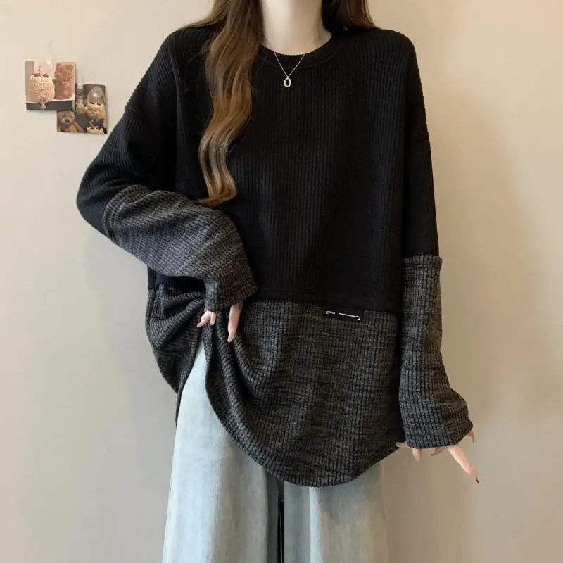 Spring Hit Color Spliced Women Long Sleeve O Neck T Shirts Korean Fashion Casual 2xl Oversized Clothing Basics Daily Black Grey