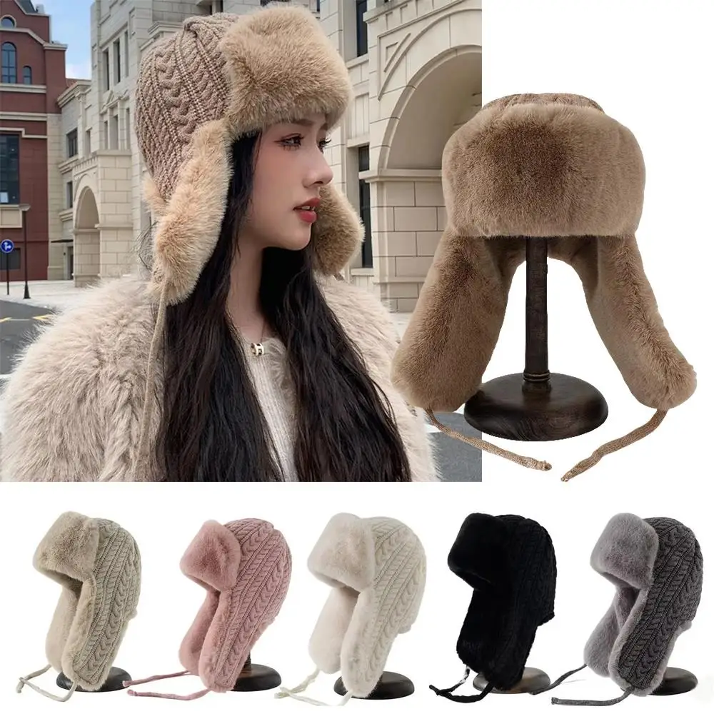 Y2k gorro trapper neve esqui chapéu de pelúcia malha engrossado lei feng chapéu calor estendido proteção de orelha chapéu tie-fixado capuz boné