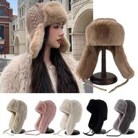 Y2K Beanie Trapper Snow Skiing Hat Plush Knitted Thickened Lei Feng Hat Warmth Extended Ear Protection Hat Tie-Fastened Hood Cap