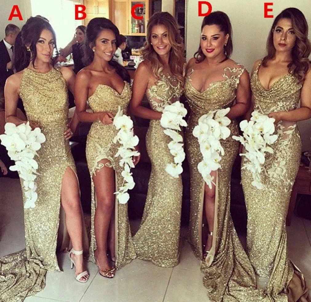 Sparkly Bling Gold Sequined Mermaid Bridesmaid Dresses for Wedding Backless Slit Plus Size Maid Of The Honor Gowns