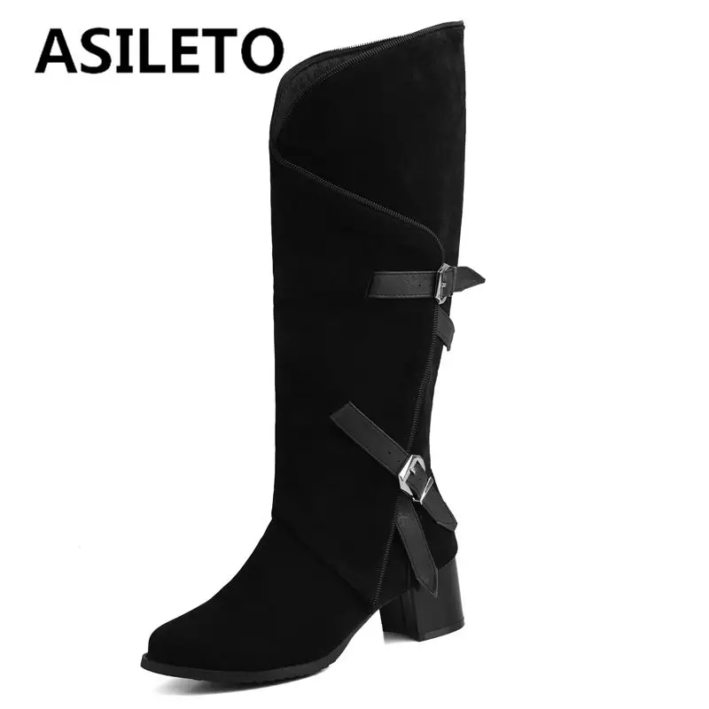 ASILETO Flock Suede Western Cowboy Boots Round Toe Chunky Heels 5cm Zipper Belt Buckle Plus Size 45 46 47 Fashion Party Bota