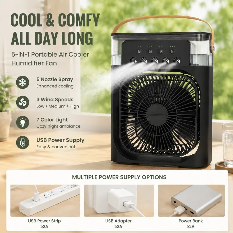 New 3 In 1 Portable Misting Fan Air Cooler Desk Humidifier With 7 Color LED Night Light USB Spray Fan For Home Office Desktop