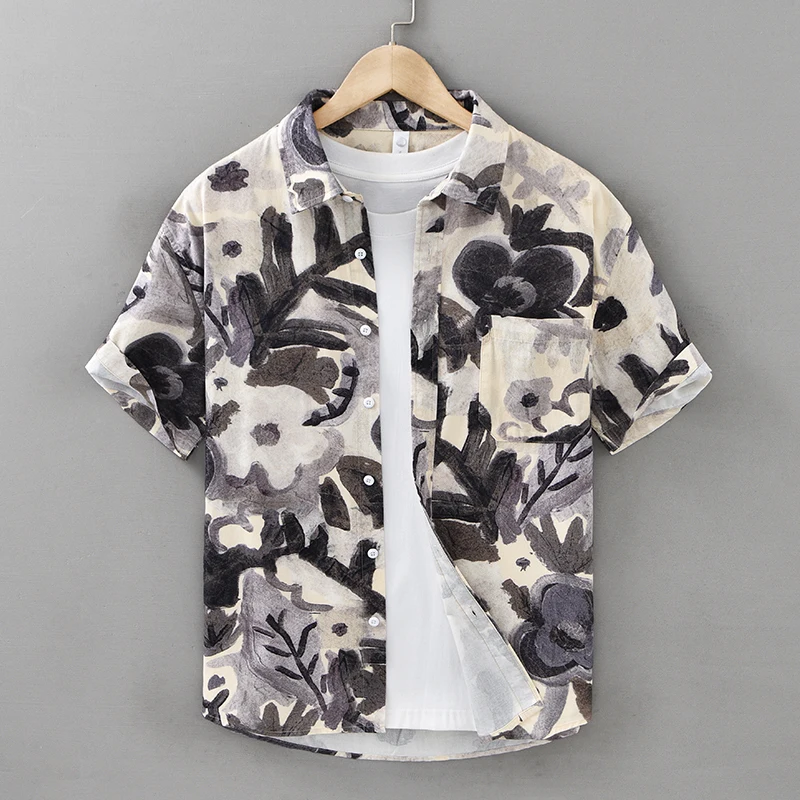 

2026 Summer New 100% Cotton Fashion Printed Thin Short Sleeve Shirt for Men Casual Turn-down Collar Shirt