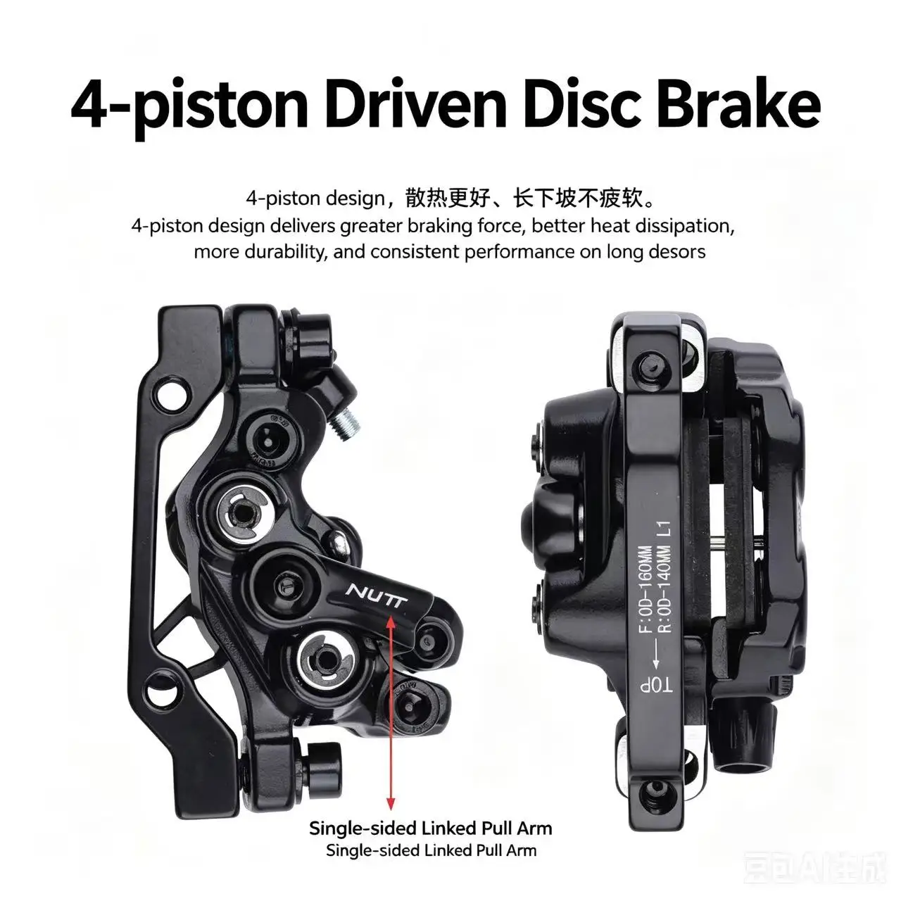 

NUTT T-3C 4-Piston Mechanical Disc Brake Caliper – Aluminum Alloy One-Piece Structure, Front 240g / Rear 242g