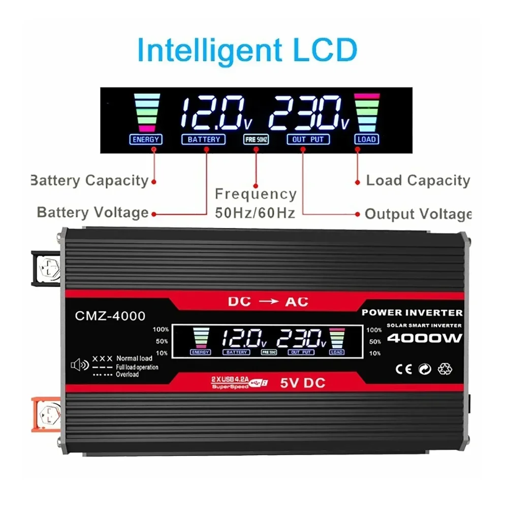 4000W Universal Power Inverter 12V to 110V / 220V Modified Sine Wave Electronic LCD Display 4.2A Fast Charge Converter