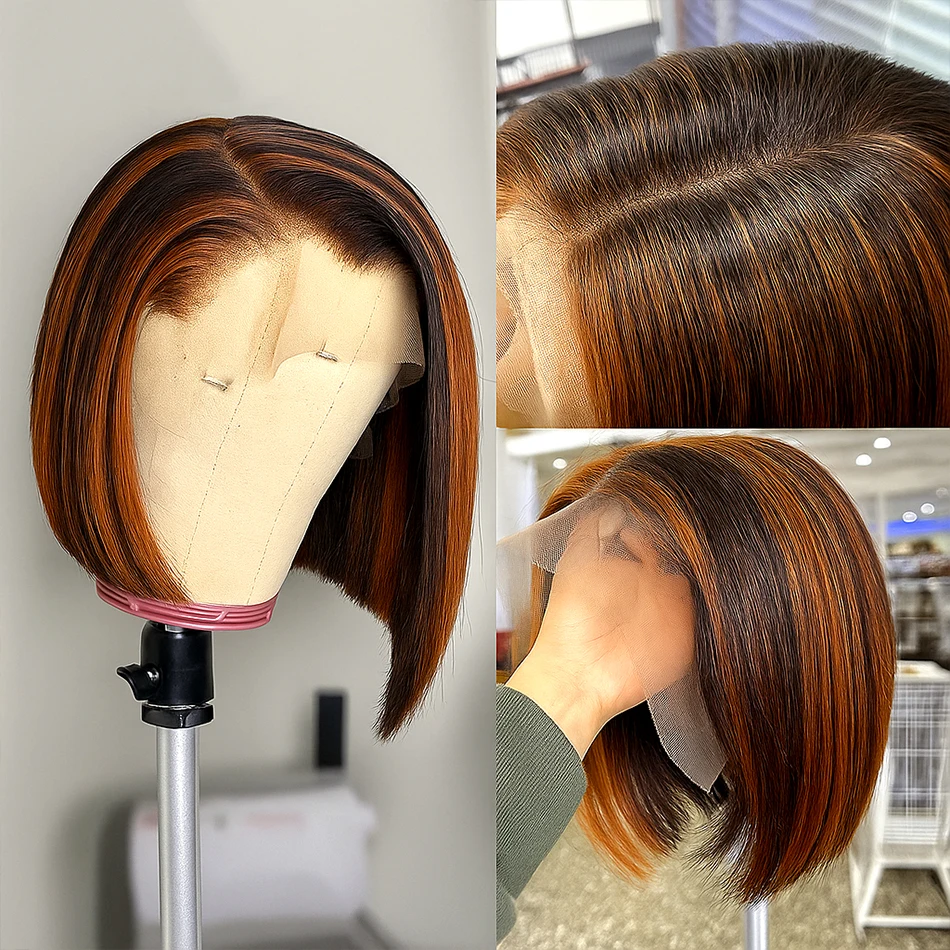 #4/350 Highlight Ginger Brown Short Bob Wig Human Hair Straight 13x4 HD Transparent Lace Frontal Wig Colored 5x5 Glueless Wig - Image 2