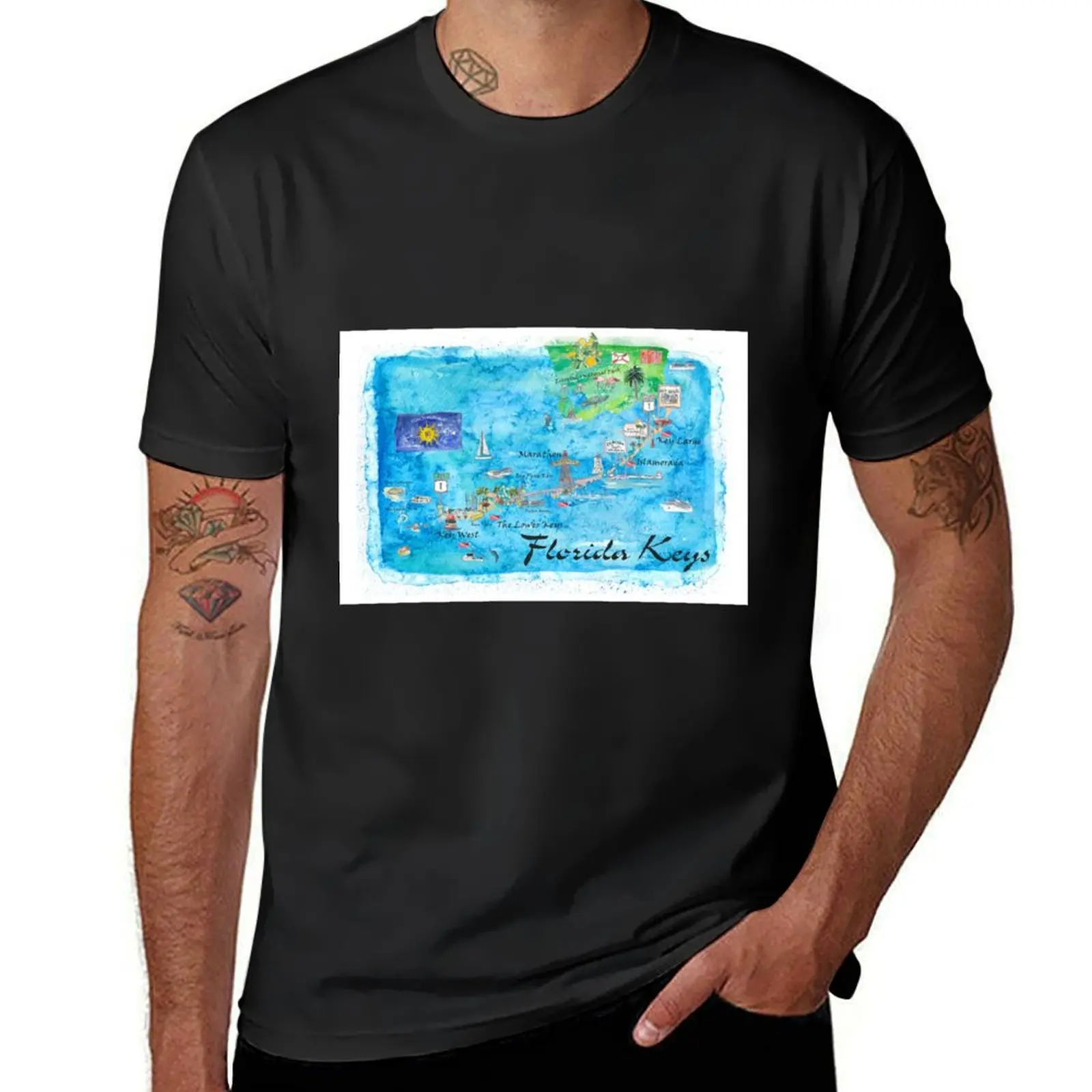 Florida Keys Key West Marathon Key Largo Illustrated Travel Poster Favorite Map Tourist Highlights T-Shirt