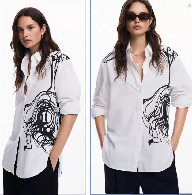 Foreign trade original single Spanish new print loose fashion casual white shirt