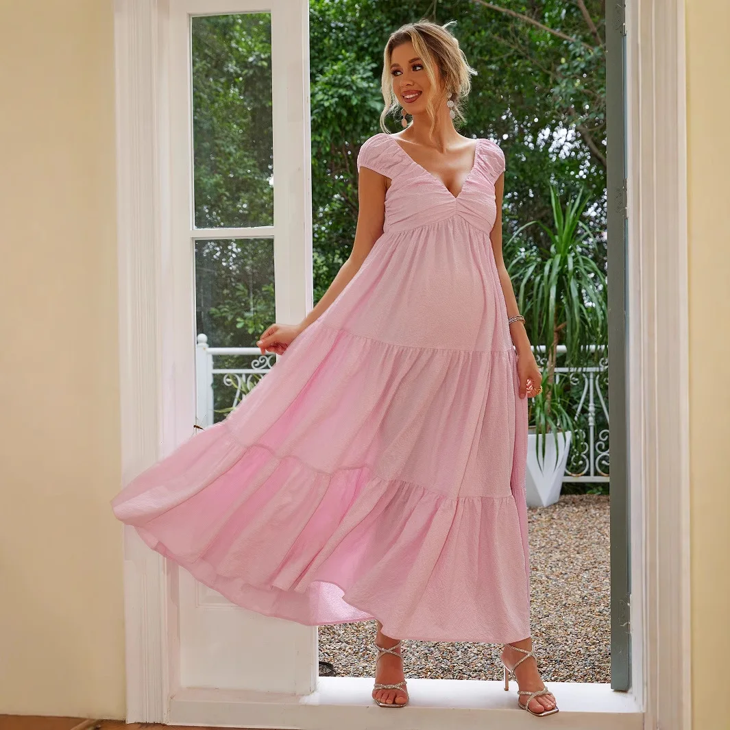 Spring and summer European and American V-neck sexy sleeveless solid color ruffle edge maternity dress 2025 new