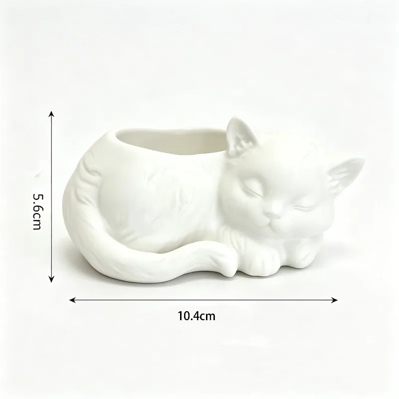 Sleeping Fluffy Cat Shaped Succulent Planter 3D Printed Kitten Flower Pot Cute Animal Tabletop Window Sill Decor Ornament