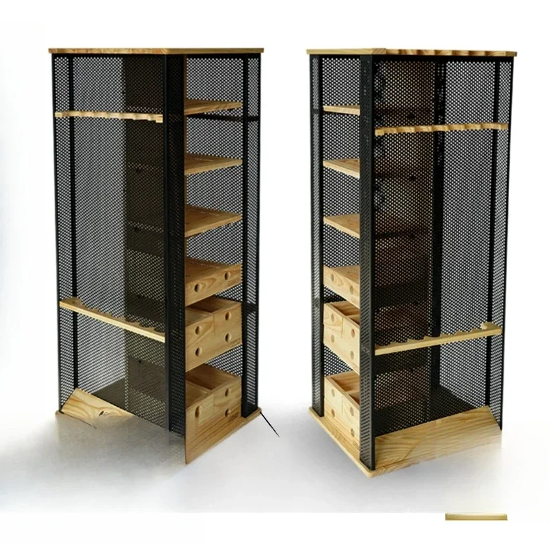 

Large fishing gear cabinet fishing rod display storage 360 degree rotating pine metal frame