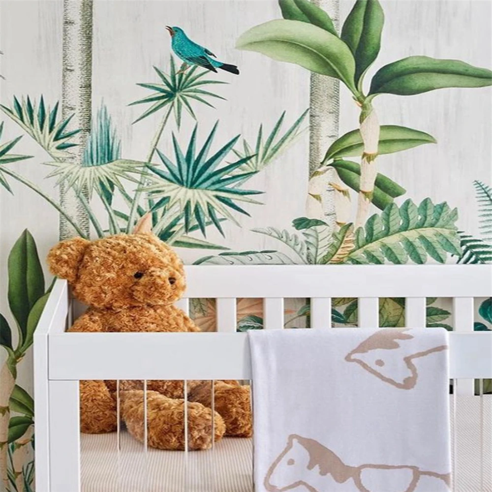 

Пользовательские 3d фотообои с мультяшными животными для гостиной, пальмы, тропические листья, художественные обои для детской комнаты, фон