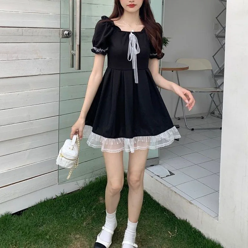 Lolita Sweet 2024 Summer New Women\'s Minimalist Square Collar Lacing Spliced Lace Puff Sleeve Fashion Slim Chic A-Line Dress