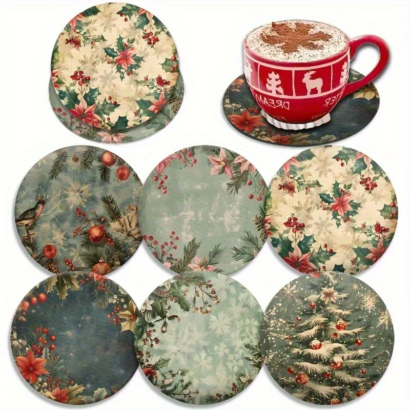 2D Retro Christmas Atmosphere 6PCS Wooden Coaster Home Decor Restaurant Bar Coffee Shop Decor Party Seasonal Festive Decor