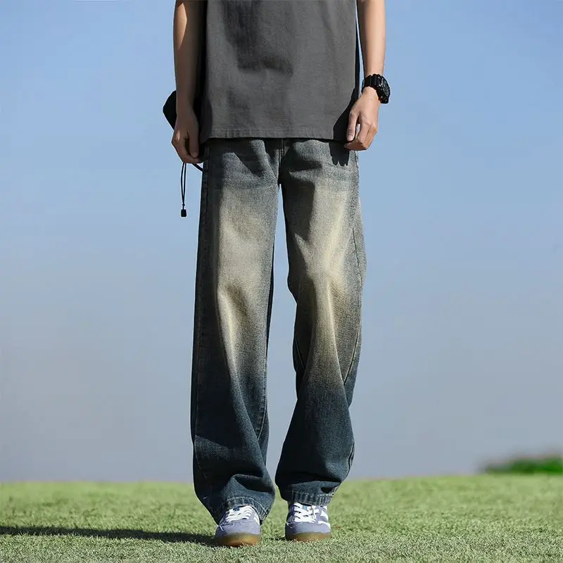 

Retro Waed Blue Jeans Men's Haome Straight Leg Wide Leg Floor-Length Pants Casual Loose Fit Autumn Trendy Jeans for Man