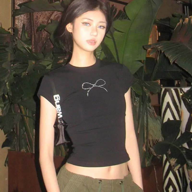 

Summer Crew Neck Pullover Short Sleeve Bow Women's Top T-Shirt Hot Diamond Short Women's