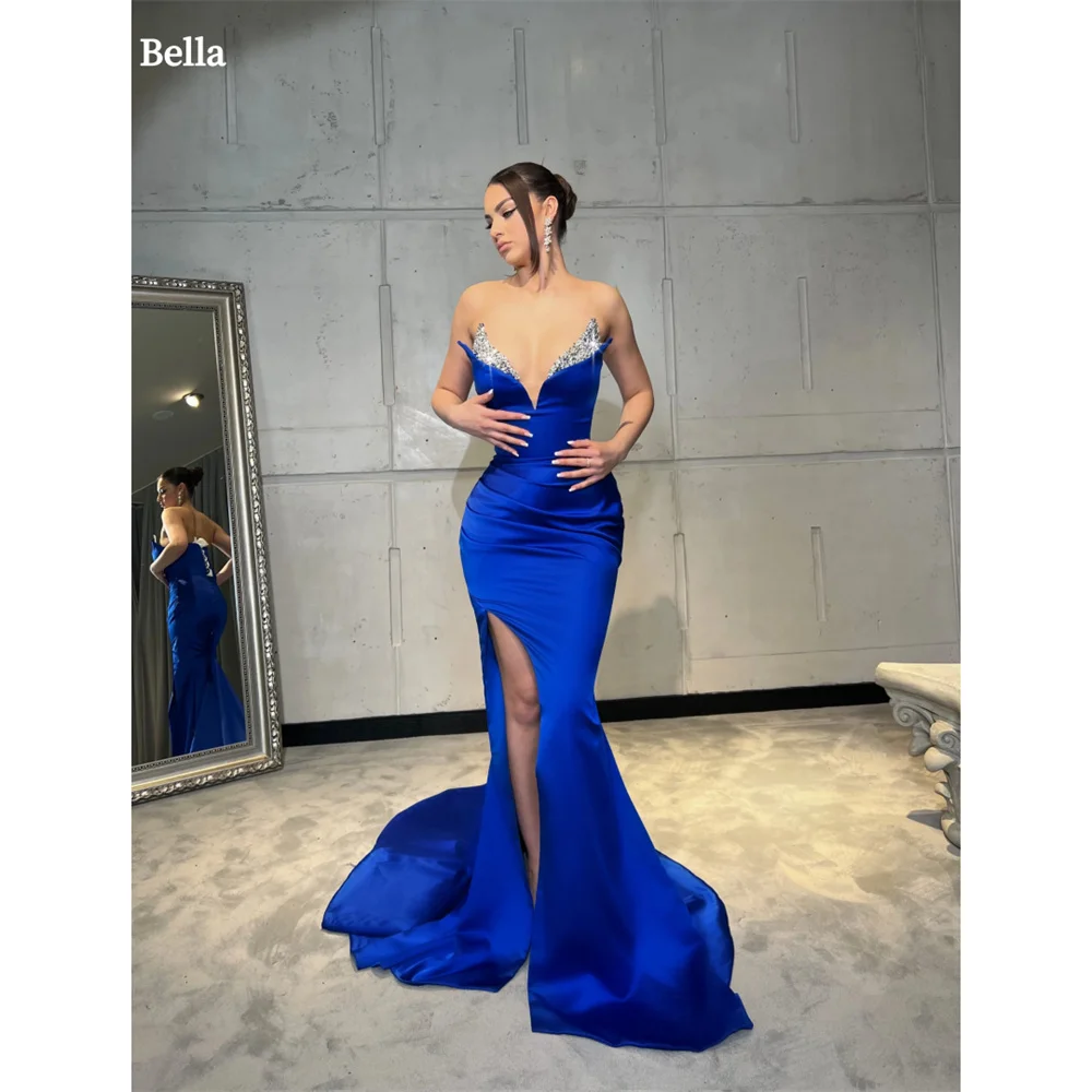 Bella V Neck Sexy Mermaid Satin robes de soirée Mopping Side High Split Evening Dresses Elegant Sleeveless Wedding Dress 2024