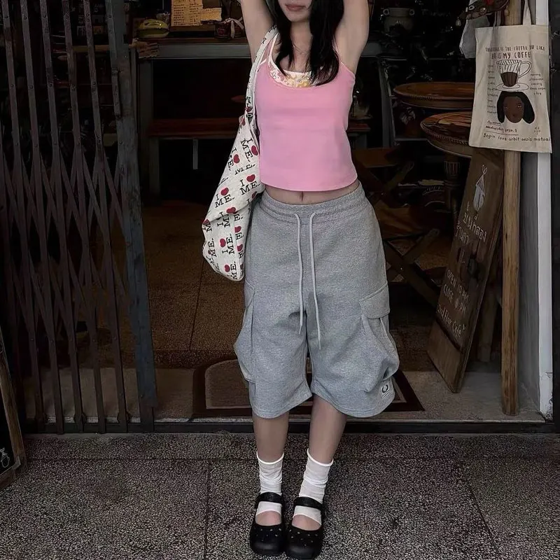 

Women Gray Cargo Capri Sweat Shorts Elastic Drawstring High Waist Multi Flap Pocket Loose Baggy Casual Jogger Knee Length Pants