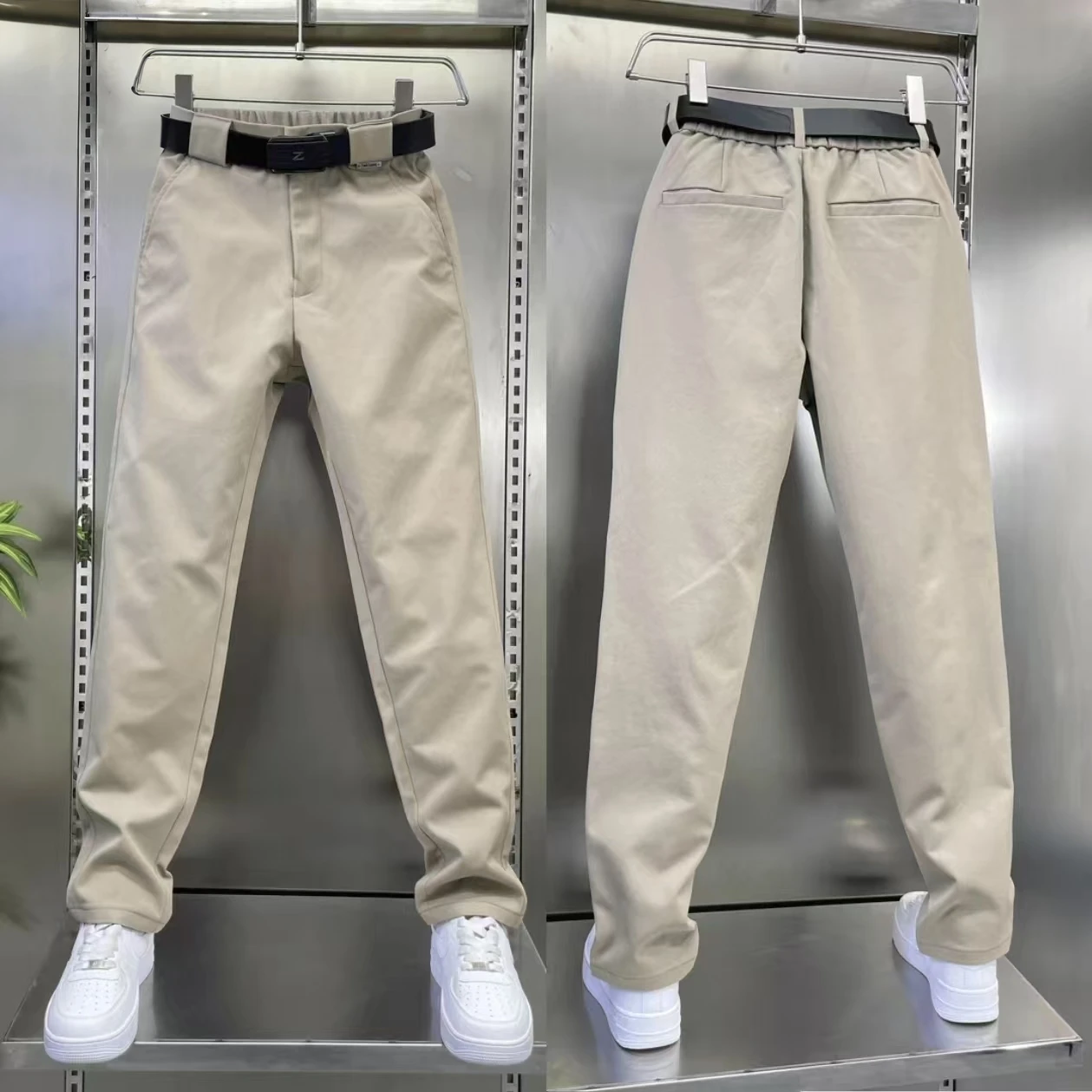 

Новые мужские повседневные брюки 2025 года, светло-хаки, прямой крой, слегка эластичные, свободного покроя, для делового стиля, из полиэфирного волокна