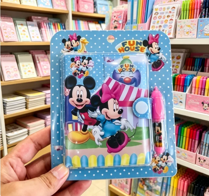Mini cuaderno lindo de Disney Mickey Minnie con bolígrafo, set de papelería con bloc de notas de dibujos animados, material escolar, regalo de cumpleaños