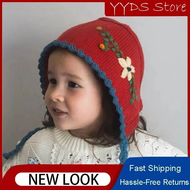 Children's Hand-knitted Flower Embroidery Hat Vintage Girl Crocheted Overhead Hat Mori System Lace Brimless Small Stool Hat