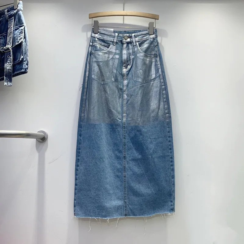 Women's Denim Skirt High Waist Hand-painted Gilded Silver Coated Split Burrs Long Skirts 2024 Summer New Fashion