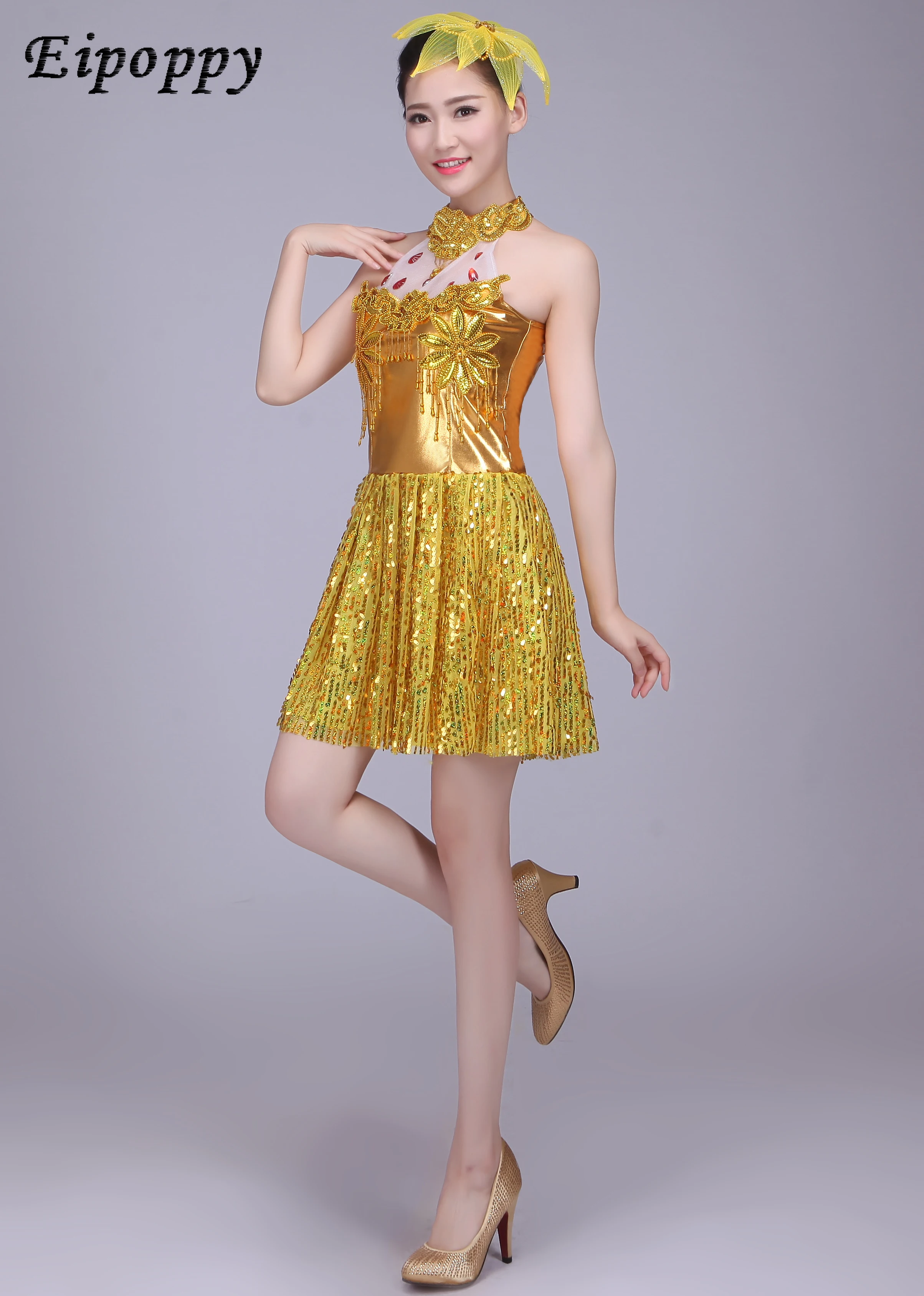 زي رقص مربع للإناث ، تنورة مسرح بترتر ذهبي ، ملابس حديثة ، رقص لاتيني ، موضة جديدة