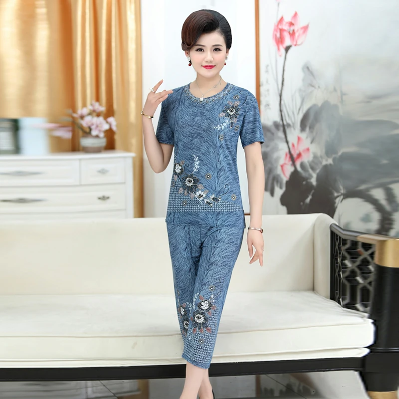 

Summer Large Size Women 2 Piece Set Loose Print Short-sleeved T-shirt Tops + Pants Suits Middle-aged Mother