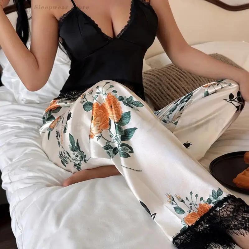 

New Pajamas Set Sexy Lingerie Sleepwear Patchwork Lace Cami&Trouser Pijamas Suit Silky Satin Printed Home Clothes Lounge Wear