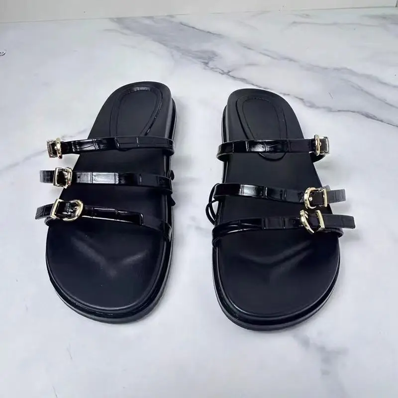 TRAF Womans Black Thin Buckled Straps Sandals Sexy Round Toes Slingback Flat Sandal 2024 Summer Female Casual Flip-flops Shoes