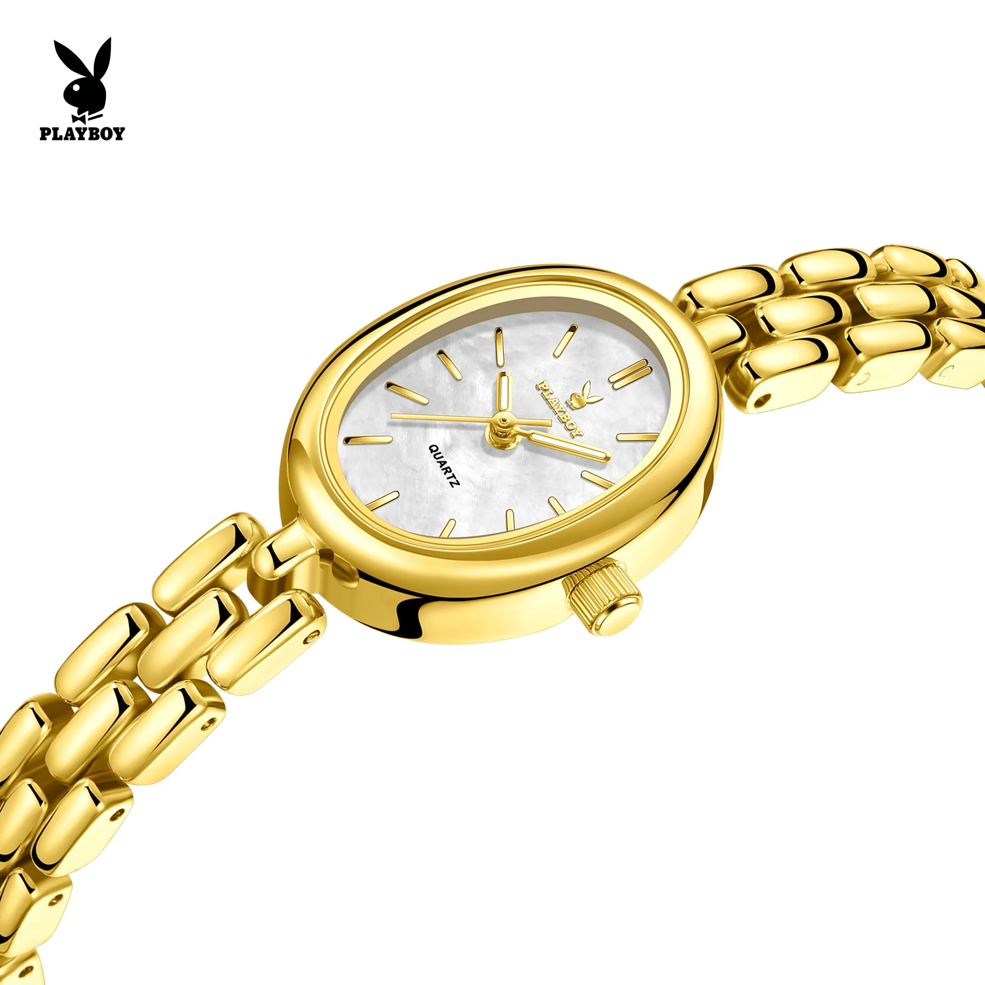PLAYBOY Luxury Watches for Woman Original Stainless Steel Strap Simple Fashion Unique Oval Dial Ladies Waterproof Watches 3563