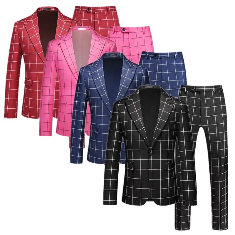 (Jacket+Pants) Fashion Men Simple Checkered Business Social Suit 2 Piece Classics Male Wedding Tuxedo Dress Single Breasted Set