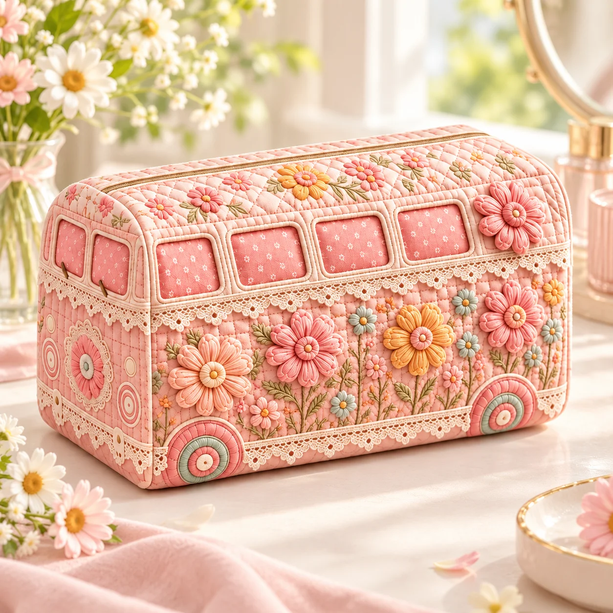 Floral Print Cosmetic Bag Soft Quilted Makeup Pouch Retro Bus Travel Toiletry Organizer Pencil Case Vanity Storage Bag for Women