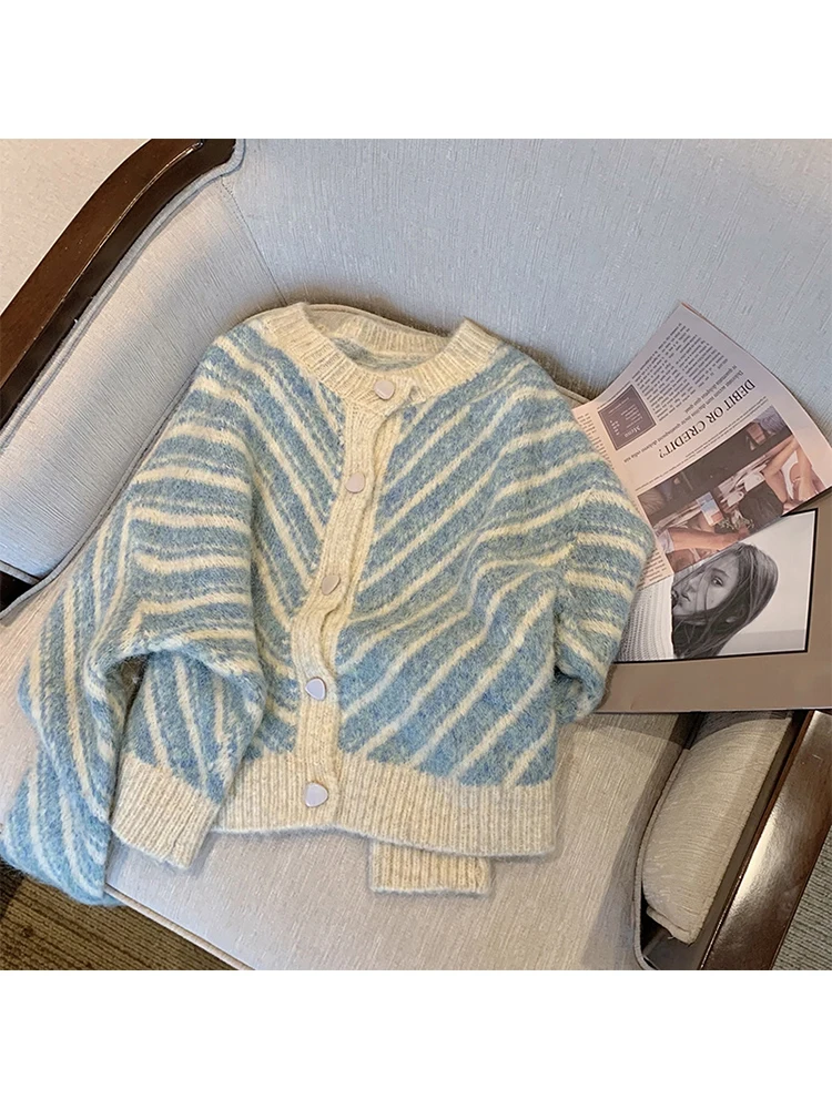 Blue Color Women Autumn Winter Striped Design Knit Cardigan Sweater O-neck Baggy Long Sleeve Knitwear 2023 Retro Single Breasted