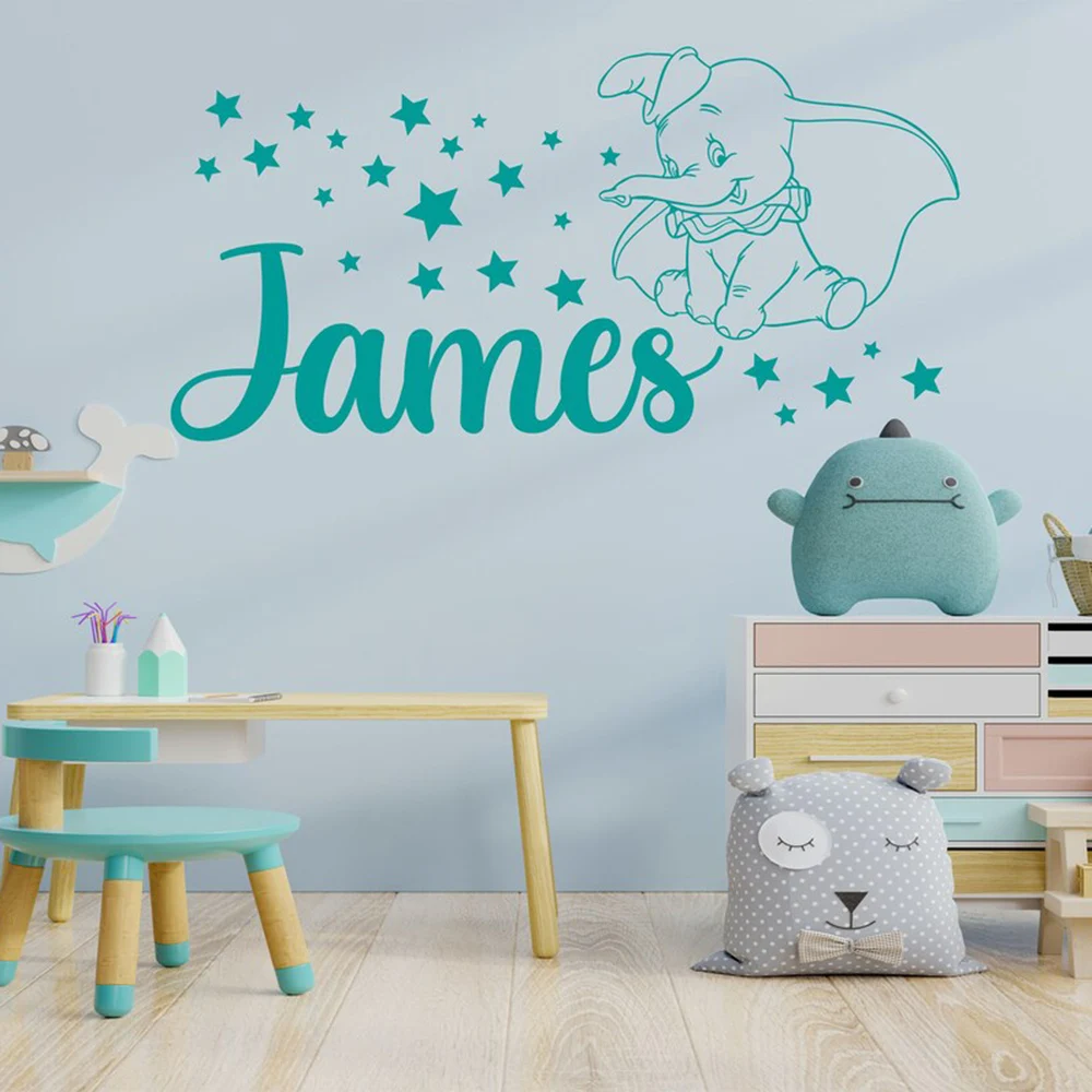 Personalized Name Wall Sticker Custom Name Vinyl Decal Little Elephant Cartoon Wall Decal for Kids Bedroom Decor Art Decor A540