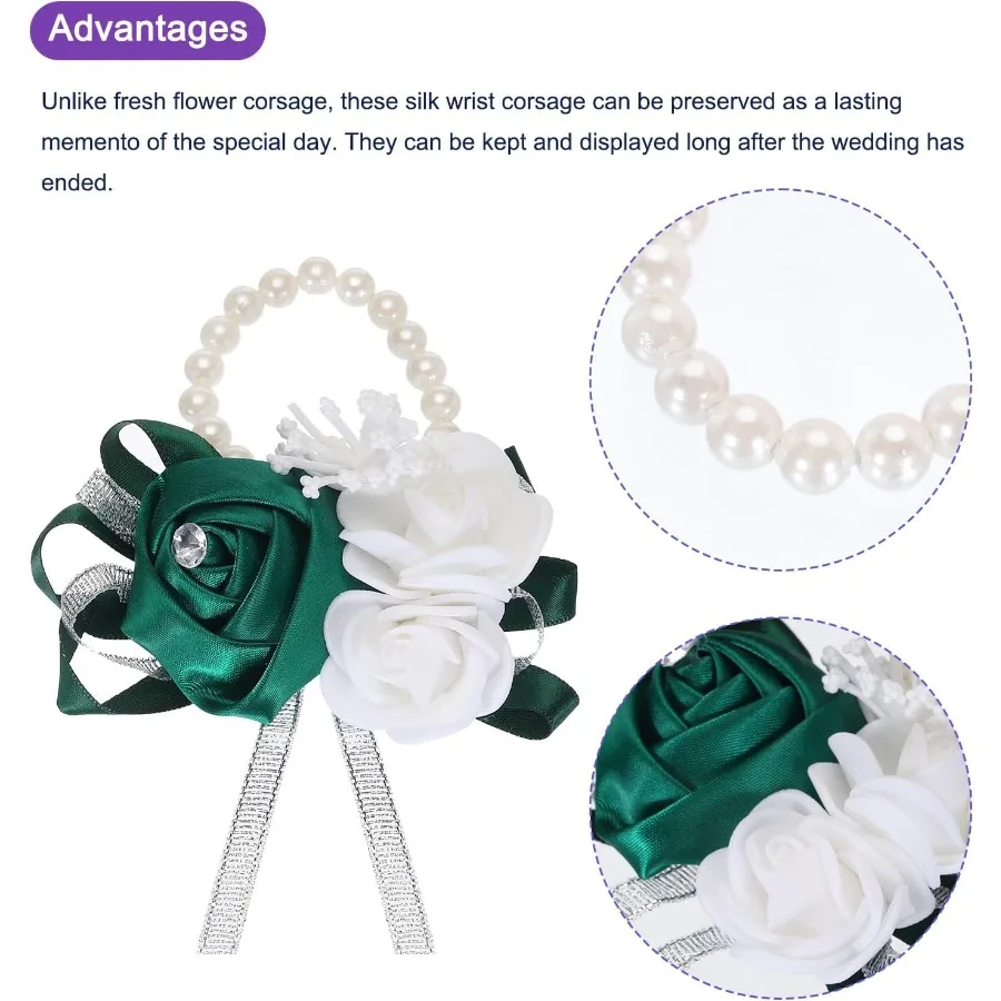MECCANIXITY Ramillete de muñeca Pulseras de flores artificiales Muñeca rosa Novio Decorativo para ceremonia de boda Fiesta de graduación Anniversario