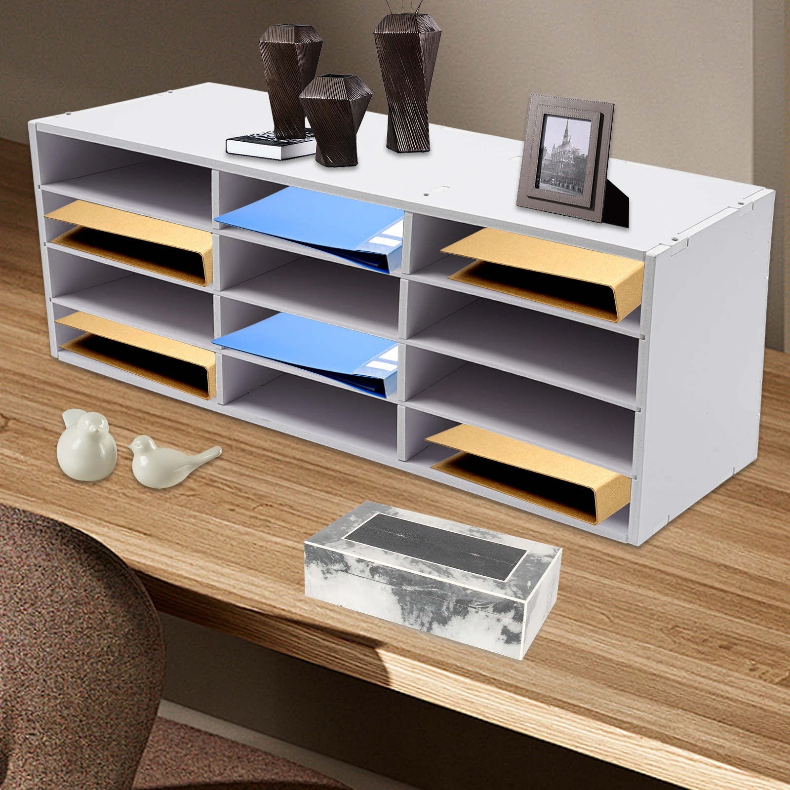 

Desktop File Organizer with 12 Slots, Large Capacity Literature Organizer, Sturdy PVC Construction, Ideal for Home and Office